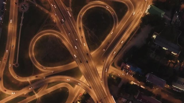 Road traffic on flyover of Moscow beltway in winter evening. Aerial view HD