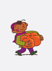 black child with big pumpkin between arms. Character of boy, funny style, isolated.