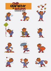 Set of twelve various poses of black child character, celebrating the arrival of autumn.