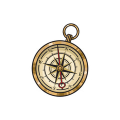 Vintage old hand drawn compass, sketch style cartoon vector illustration isolated on white background. Hand drawn cartoon vector illustration of old golden compass
