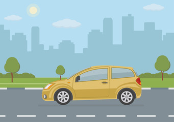 Yellow car on city background. Vector illustration. 
