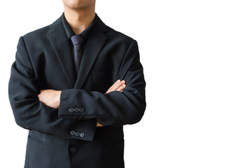 Business man cross his arm, isolation on white background with clipping path and copy space