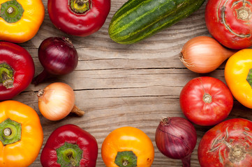 vegetables crop background onions garlic tomatoes, pepper, cucumber. top view