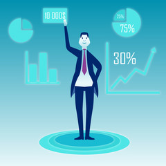 A businessman stands on a blue background and manages graphs and phiagams in the air