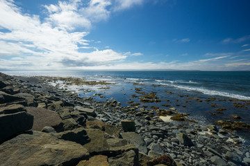 Fototapeta na wymiar Iceland - Blonduos coastline with blue ocean and huge stones and green algae at sunshine
