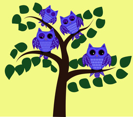 Four blue waking owls with open, half-open and closed eyes on a tree branch with leaves