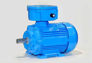 New blue electric motor isolated on gray background