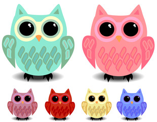A set of six cute owls with black eyes, cartoon style, different colors
