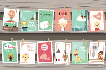 Blue pink collection for banners,Placards with van,lion,sheep,monkey,bear,cat,whale,giraffe and fox