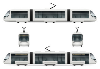White city tram vector mock-up. Isolated railway transport set. Electric passenger train on white background. All layers and groups well organized for easy editing and recolor. - obrazy, fototapety, plakaty