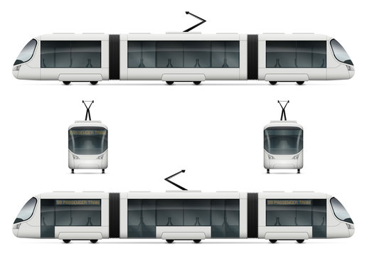 White city tram vector mock-up. Isolated railway transport set. Electric passenger train on white background. All layers and groups well organized for easy editing and recolor.