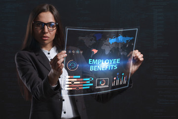 The concept of business, technology, the Internet and the network. A young entrepreneur working on a virtual screen of the future and sees the inscription: Employee benefits