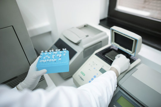 Scientist analyzes test samples in laboratory