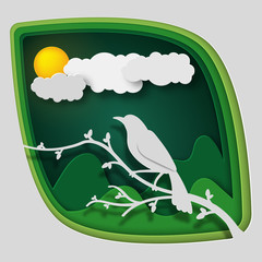 Paper art carve to bird on tree branch in forest at night, origami concept nature and animals idea, vector art and illustration.
