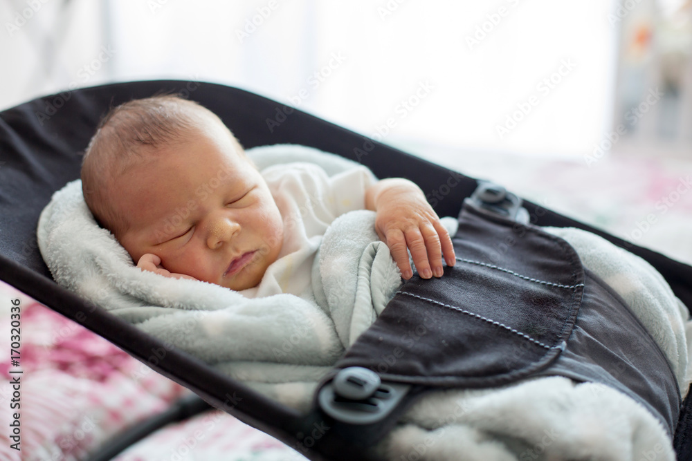 Poster Cute newborn baby boy, sleeping in a swing