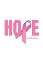 Hope text with pink ribbon and breast cancer awareness concept