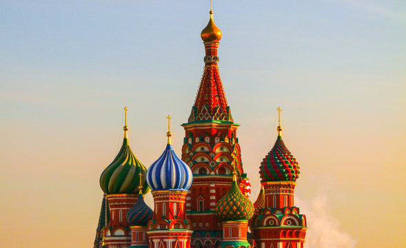 Closeup Saint Basil Cathedral in Red Square Moscow Russia in the evening light
