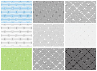 Set of seamless geometric patterns, opt art category. Swatches are included. Appropriate for textile, packing materials, website backgrounds. 