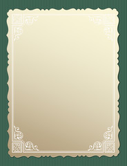 Retro postcard with carved edges and ornate border. 