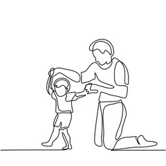 Father and son baby beginning to walk. Continuous line drawing. Vector silhouette