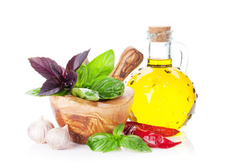 Fresh garden herbs in mortar