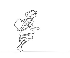Obraz na płótnie Canvas Girl running back to school with bag. Continuous line drawing. Vector illustration on white background