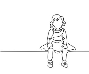 Continuous line drawing. Little girl dressed up sitting. Vector illustration