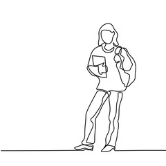 Standing girl student with book and bag. Continuous line drawing. Vector illustration