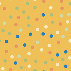 Colorful polka dots seamless pattern on bright 6 background. Ravishing classic colorful polka dots textile pattern. Seamless scattered confetti fall chaotic decor. Abstract vector illustration.