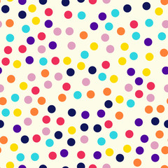 Fototapeta na wymiar Memphis style polka dots seamless pattern on milk background. Fetching modern memphis polka dots creative pattern. Bright scattered confetti fall chaotic decor. Vector illustration.
