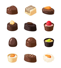 Set of chocolate covered bonbon stuffed nougat, mousse, cream. Vector illustration candy flat icon collection isolated on white.