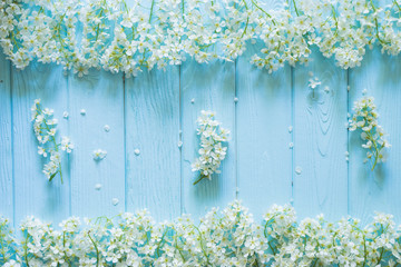 Spring floral background, frame of white blossoms on blue pastel wooden planks. Top view, copy space.