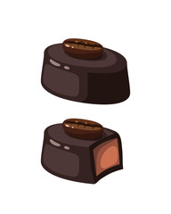 Chocolate covered bonbon coffee filling. Vector illustration candy flat icon isolated on white.
