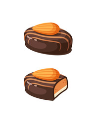 Chocolate covered bonbon filling almond nougat. Vector illustration candy flat icon isolated on white.