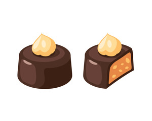 Chocolate covered bonbon filling hazelnut nougat. Vector illustration candy flat icon isolated on white.