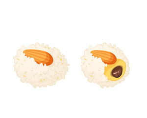 Coconut ladoo, laddu stuffed chocolate indian sweets with almond on top. Vector illustration candy flat icon isolated on white.