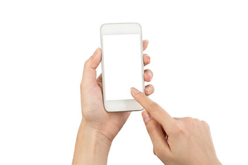 Hand young woman holding mobile smart phone with blank screen isolated on white background with clipping path