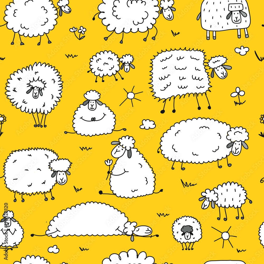 Poster flock of sheeps, seamless pattern for your design