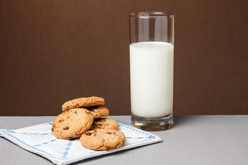 Chocolate chip cookies and a glass of milk on table with brown background.
