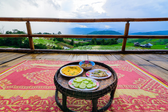Khantok (food tray) Thai food traditionally dinner for homestay at Pa Pong Pieng homestay, Mae Chaem, Chiang Mai, Thailand