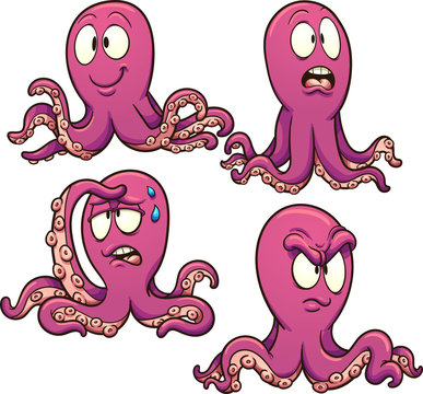 Cartoon octopus with different expressions. Vector clip art illustration with simple gradients. Each on a separate layer. 