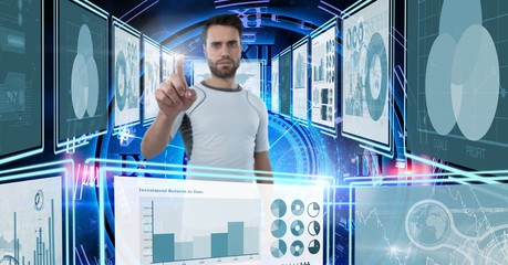 man touching and interacting with technology interface panels