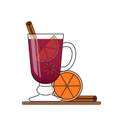 Mulled wine banner. Hot red wine with cinnamon, orange, star anice. Flat line art stile.