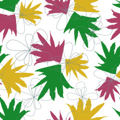 Fototapeta na wymiar Vector seamless pattern of palm leaves and flowers on white background. Fashionable autumn colours