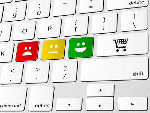 Shopping feedback concept illustration with icons over computer keyboard
