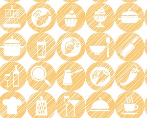 Kitchen, cooking, background, seamless, yellow-orange, vector. Circular icons with food, drinks and utensils the painted strokes on white background. The yellow shading pencil simulation. 