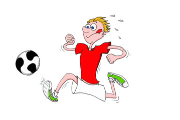 Child running to play soccer with his tongue out