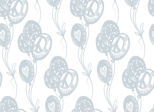 International peace day delicate hand drawn seamless pattern with blue flying balloons