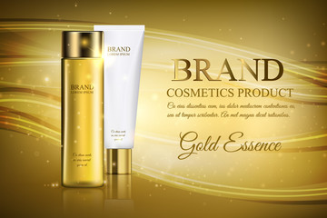 A beautiful cosmetic template for ads, a glass translucent gold bottle hair oil and white tube mock up for premium product on background with abstract golden wave