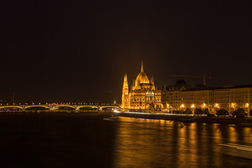 Panoramic view of Budapest at night. Budapest Parliament architecture sightseeing